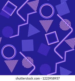 Seamless Pop Art Pattern. Abstract Color Texture with Lines and Geometric Figures for Print, Cloth, Textile. Vintage Seamless Multicolor Background in Disco Style. Vector Texture.