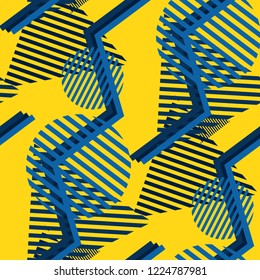 Seamless Pop Art Pattern. Abstract Color Texture with Lines and Geometric Figures for Wallpaper, Cotton, Textile. Trendy Seamless Multicolor Background in Disco Style. Vector Texture.