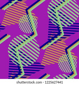 Seamless Pop Art Pattern. Abstract Colorful Texture with Lines and Geometric Figures for Calico, Print, Textile. Modern Seamless Multicolor Background in Disco Style. Vector Texture.