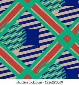 Seamless Pop Art Pattern. Abstract Colorful Texture with Lines and Geometric Figures for Chintz, Linen, Paper. Trendy Seamless Multicolor Background in Disco Style. Vector Texture.