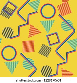 Seamless Pop Art Pattern. Abstract Colorful Texture with Lines and Geometric Figures for Cotton, Print, Calico. Trendy Seamless Multicolor Background in Disco Style. Vector Texture.