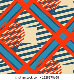 Seamless Pop Art Pattern. Abstract Colorful Texture with Lines and Geometric Figures for Dress, Curtain, Paper. Trendy Seamless Multicolor Background in Disco Style. Vector Texture.