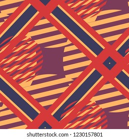 Seamless Pop Art Pattern. Abstract Colorful Texture with Lines and Geometric Figures for Fabric, Cloth, Textile. Retro Seamless Multicolor Background in Disco Style. Vector Texture.