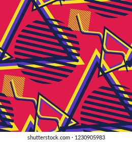 Seamless Pop Art Pattern. Abstract Color Texture with Lines and Geometric Figures for Chintz, Linen, Paper. Vintage Seamless Multicolor Background in Disco Style. Vector Texture.