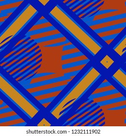 Seamless Pop Art Pattern. Abstract Colorful Texture with Lines and Geometric Figures for Fabric, Cloth, Textile. Trendy Seamless Multicolor Background in Disco Style. Vector Texture.