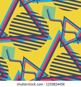 Seamless Pop Art Pattern. Abstract Colorful Texture with Lines and Geometric Figures for Print, Cloth, Fabric. Modern Seamless Multicolor Background in Disco Style. Vector Texture.