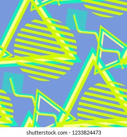 Seamless Pop Art Pattern. Abstract Colorful Texture with Lines and Geometric Figures for Print, Fabric, Textile.  Modern Seamless Multicolor Background in Disco Style. Vector Texture.