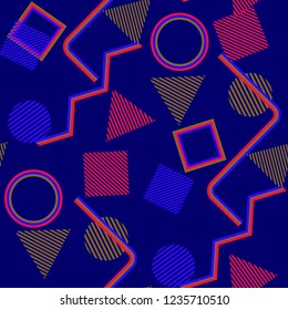 Seamless Pop Art Pattern. Abstract Colorful Texture with Lines and Geometric Figures for Dress, Paper, Tablecloth. Vintage Seamless Multicolor Background in Disco Style. Vector Texture.