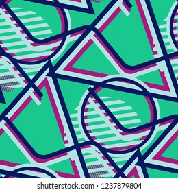 Seamless Pop Art Pattern. Abstract Colorful Texture with Lines and Geometric Figures for Wallpaper, Fabric, Print. Trendy Seamless Multicolor Background in Disco Style. Vector Texture.