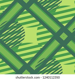 Seamless Pop Art Pattern. Abstract Colorful Texture with Lines and Geometric Figures for Print, Cloth, Fabric. Vintage Seamless Multicolor Background in Disco Style. Vector Texture.