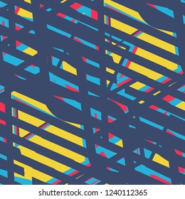 Seamless Pop Art Pattern. Abstract Color Texture with Lines and Geometric Figures for Dress, Paper, Tablecloth. Retro Seamless Multicolor Background in Disco Style. Vector Texture.