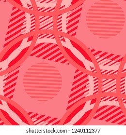 Seamless Pop Art Pattern. Abstract Colorful Texture with Lines and Geometric Figures for Fabric, Cloth, Textile. Modern Seamless Multicolor Background in Disco Style. Vector Texture.