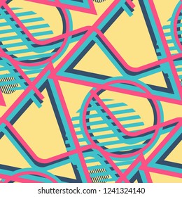 Seamless Pop Art Pattern. Abstract Color Texture with Lines and Geometric Figures for Wallpaper, Print, Cotton. Trendy Seamless Multicolor Background in Disco Style. Vector Texture.