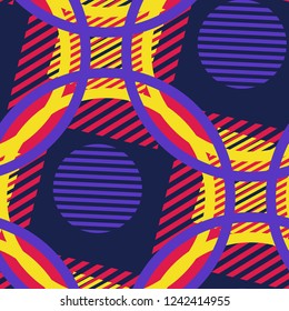 Seamless Pop Art Pattern. Abstract Color Texture with Lines and Geometric Figures for Cotton, Print, Textile. Modern Seamless Multicolor Background in Disco Style. Vector Texture.