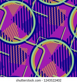 Seamless Pop Art Pattern. Abstract Color Texture with Lines and Geometric Figures for Cotton, Print, Textile. Vintage Seamless Multicolor Background in Disco Style. Vector Texture.
