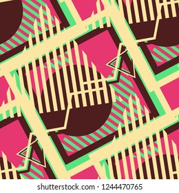 Seamless Pop Art Pattern. Abstract Color Texture with Lines and Geometric Figures for Print, Cloth, Fabric. Trendy Seamless Multicolor Background in Disco Style. Vector Texture.