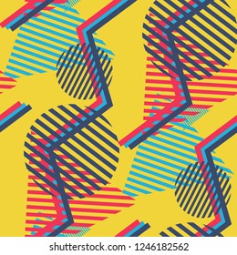 Seamless Pop Art Pattern. Abstract Color Texture with Lines and Geometric Figures for Wallpaper, Fabric, Print. Retro Seamless Multicolor Background in Disco Style. Vector Texture.