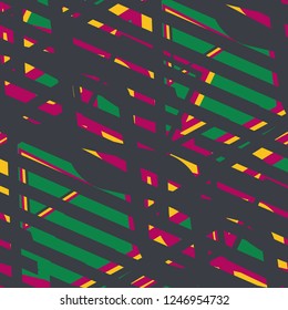 Seamless Pop Art Pattern. Abstract Color Texture with Lines and Geometric Figures for Print, Cloth, Textile. Trendy Seamless Multicolor Background in Disco Style. Vector Texture.