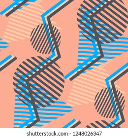 Seamless Pop Art Pattern. Abstract Color Texture with Lines and Geometric Figures for Wallpaper, Fabric, Print. Modern Seamless Multicolor Background in Disco Style. Vector Texture.