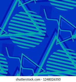 Seamless Pop Art Pattern. Abstract Color Texture with Lines and Geometric Figures for Wallpaper, Fabric, Print. Vintage Seamless Multicolor Background in Disco Style. Vector Texture.