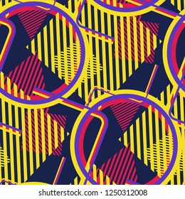 Seamless Pop Art Pattern. Abstract Colorful Texture with Lines and Geometric Figures for Chintz, Linen, Wallpaper. Trendy Seamless Multicolor Background in Disco Style. Vector Texture.