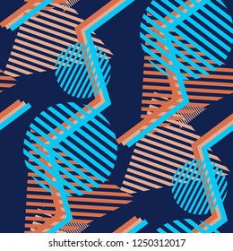 Seamless Pop Art Pattern. Abstract Color Texture with Lines and Geometric Figures for Chintz, Linen, Wallpaper. Modern Seamless Multicolor Background in Disco Style. Vector Texture.