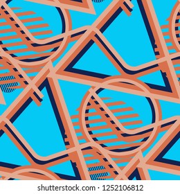 Seamless Pop Art Pattern. Abstract Color Texture with Lines and Geometric Figures for Fabric, Cloth, Textile. Trendy Seamless Multicolor Background in Disco Style. Vector Texture.