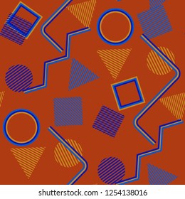 Seamless Pop Art Pattern. Abstract Colorful Texture with Lines and Geometric Figures for Cotton, Print, Calico. Trendy Seamless Multicolor Background in Disco Style. Vector Texture.