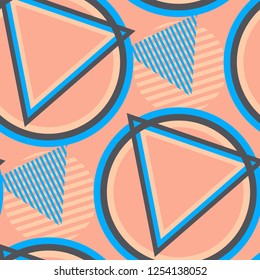 Seamless Pop Art Pattern. Abstract Color Texture with Lines and Geometric Figures for Chintz, Curtain, Paper. Trendy Seamless Multicolor Background in Disco Style. Vector Texture.