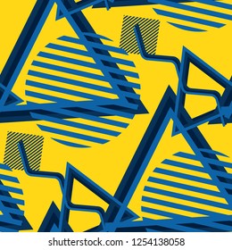 Seamless Pop Art Pattern. Abstract Colorful Texture with Lines and Geometric Figures for Calico, Print, Textile. Modern Seamless Multicolor Background in Disco Style. Vector Texture.