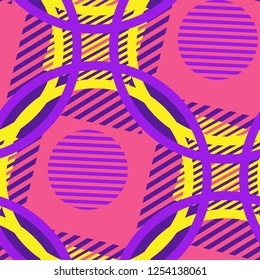 Seamless Pop Art Pattern. Abstract Colorful Texture with Lines and Geometric Figures for Chintz, Linen, Wallpaper. Modern Seamless Multicolor Background in Disco Style. Vector Texture.