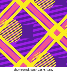 Seamless Pop Art Pattern. Abstract Colorful Texture with Lines and Geometric Figures for Dress, Paper, Tablecloth. Vintage Seamless Multicolor Background in Disco Style. Vector Texture.