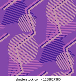 Seamless Pop Art Pattern. Abstract Color Texture with Lines and Geometric Figures for Linen, Paper, Tablecloth. Vintage Seamless Multicolor Background in Disco Style. Vector Texture.