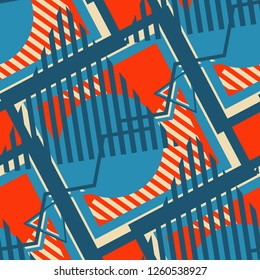 Seamless Pop Art Pattern. Abstract Colorful Texture with Lines and Geometric Figures for Wallpaper, Print, Cotton. Retro Seamless Multicolor Background in Disco Style. Vector Texture.