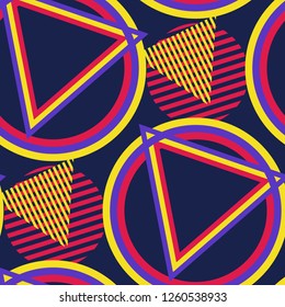 Seamless Pop Art Pattern. Abstract Colorful Texture with Lines and Geometric Figures for Dress, Curtain, Tablecloth. Retro Seamless Multicolor Background in Disco Style. Vector Texture.