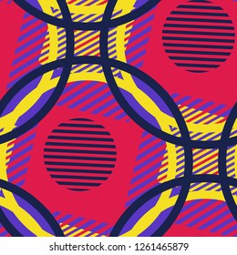 Seamless Pop Art Pattern. Abstract Color Texture with Lines and Geometric Figures for Wallpaper, Print, Textile. Vintage Seamless Multicolor Background in Disco Style. Vector Texture.