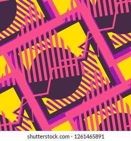 Seamless Pop Art Pattern. Abstract Colorful Texture with Lines and Geometric Figures for Chintz, Curtain, Paper. Modern Seamless Multicolor Background in Disco Style. Vector Texture.