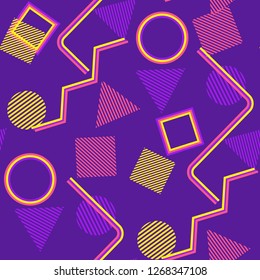 Seamless Pop Art Pattern. Abstract Colorful Texture with Lines and Geometric Figures for Cotton, Calico, Textile. Retro Seamless Multicolor Background in Disco Style. Vector Texture.