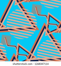 Seamless Pop Art Pattern. Abstract Colorful Texture with Lines and Geometric Figures for Linen, Paper, Tablecloth. Trendy Seamless Multicolor Background in Disco Style. Vector Texture.
