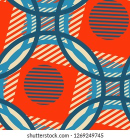 Seamless Pop Art Pattern. Abstract Colorful Texture with Lines and Geometric Figures for Linen, Paper, Tablecloth. Retro Seamless Multicolor Background in Disco Style. Vector Texture.