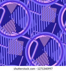 Seamless Pop Art Pattern. Abstract Color Texture with Lines and Geometric Figures for Cotton, Print, Textile. Modern Seamless Multicolor Background in Disco Style. Vector Texture.
