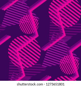 Seamless Pop Art Pattern. Abstract Colorful Texture with Lines and Geometric Figures for Print, Cloth, Fabric. Retro Seamless Multicolor Background in Disco Style. Vector Texture.