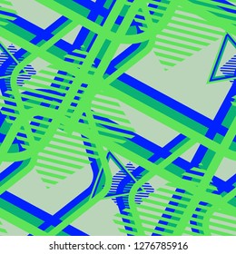 Seamless Pop Art Pattern. Abstract Color Texture with Lines and Geometric Figures for Print, Fabric, Textile. Retro Seamless Multicolor Background in Disco Style. Vector Texture.