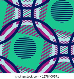 Seamless Pop Art Pattern. Abstract Colorful Texture with Lines and Geometric Figures for Print, Cloth, Textile. Retro Seamless Multicolor Background in Disco Style. Vector Texture.