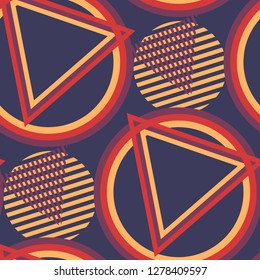 Seamless Pop Art Pattern. Abstract Colorful Texture with Lines and Geometric Figures for Wallpaper, Print, Cotton. Retro Seamless Multicolor Background in Disco Style. Vector Texture.