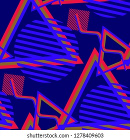 Seamless Pop Art Pattern. Abstract Colorful Texture with Lines and Geometric Figures for Fabric, Cloth, Textile. Modern Seamless Multicolor Background in Disco Style. Vector Texture.