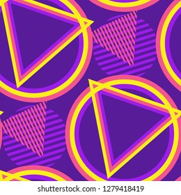 Seamless Pop Art Pattern. Abstract Colorful Texture with Lines and Geometric Figures for Linen, Paper, Tablecloth. Trendy Seamless Multicolor Background in Disco Style. Vector Texture.