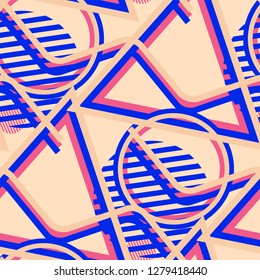Seamless Pop Art Pattern. Abstract Colorful Texture with Lines and Geometric Figures for Cotton, Print, Textile. Vintage Seamless Multicolor Background in Disco Style. Vector Texture.