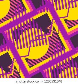 Seamless Pop Art Pattern. Abstract Colorful Texture with Lines and Geometric Figures for Print, Fabric, Textile. Retro Seamless Multicolor Background in Disco Style. Vector Texture.
