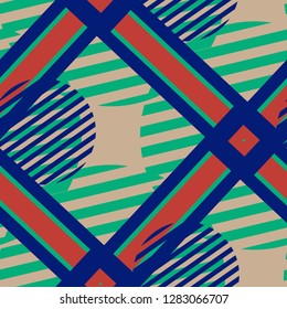 Seamless Pop Art Pattern. Abstract Color Texture with Lines and Geometric Figures for Cotton, Print, Calico. Modern Seamless Multicolor Background in Disco Style. Vector Texture.